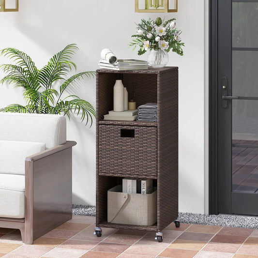 Outdoor Storage Cabinet with Drawer and Shelves in brown wicker on casters, DirectDeals on Tampa Home & Garden Store