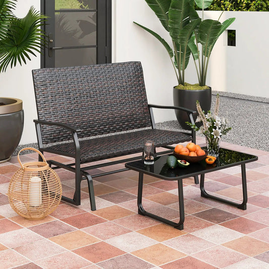 All Weather Outdoor Two Person Swing Glider Bench dark brown resin wicker black metal frame on Tampa Home & Garden Store