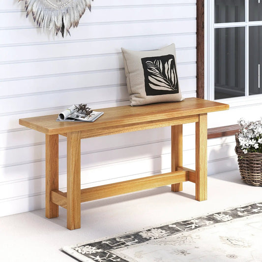 Outdoor Teak Wood Bench for Porch and Poolside with beige cushion and leaf-pattern pillow on Tampa Home & Garden Store