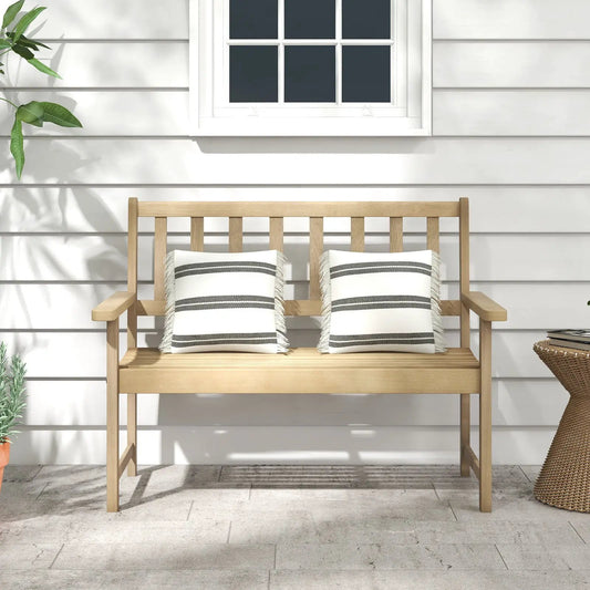 Teak wood garden bench for two with backrest and striped cushions, natural finish DirectDeals on Tampa Home & Garden Store
