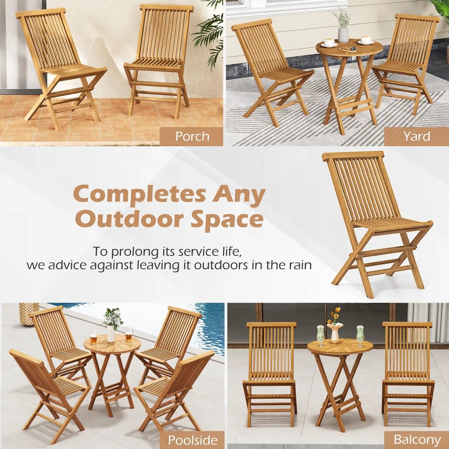 Outdoor teak wood folding chairs, set of 2 with slatted backs for patio use on Tampa Home & Garden Store