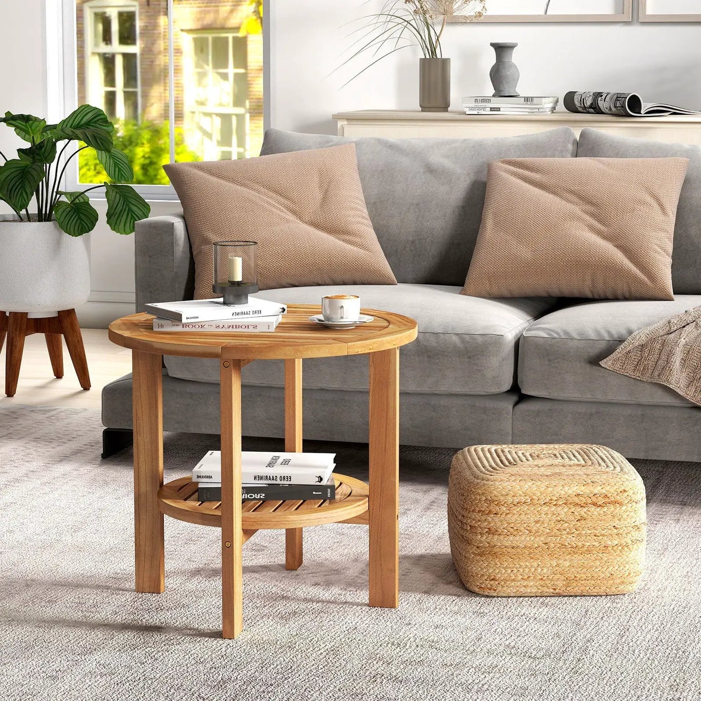 Outdoor Teak Wood Round Side Table Patio End Table with Slatted Storage Shelf - Tampa Home & Garden Store