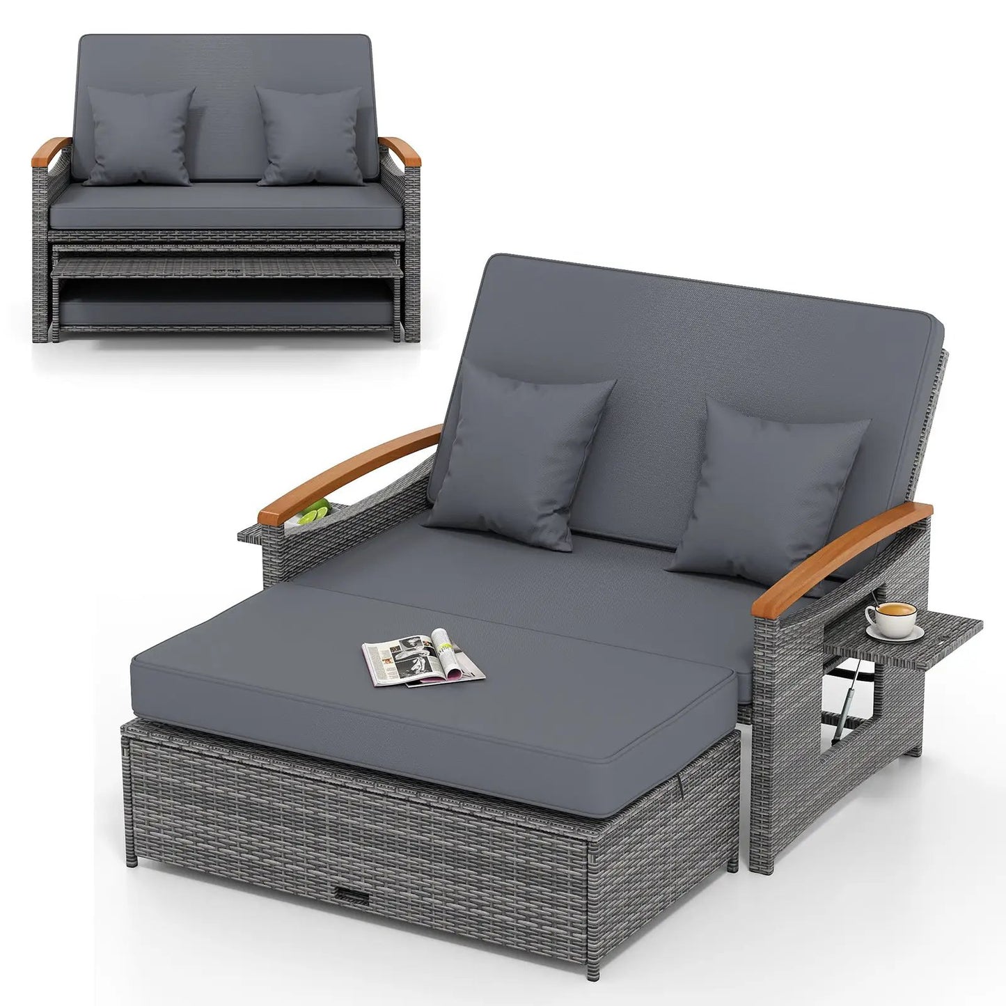Outdoor wicker daybed with folding panels and storage ottoman in dark grey cushions on Tampa Home & Garden Store