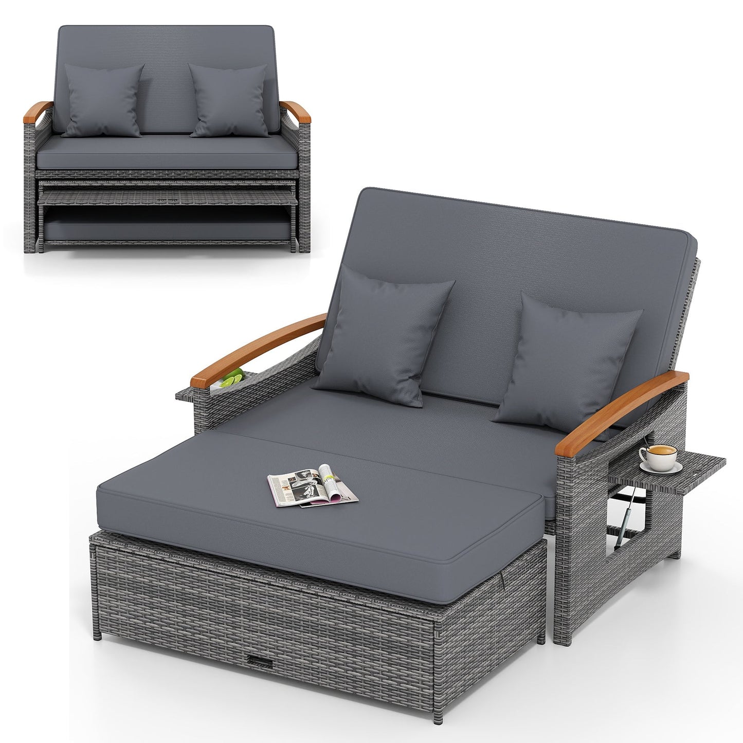 Outdoor Wicker Daybed with Folding Panels and Storage Ottoman-Beige