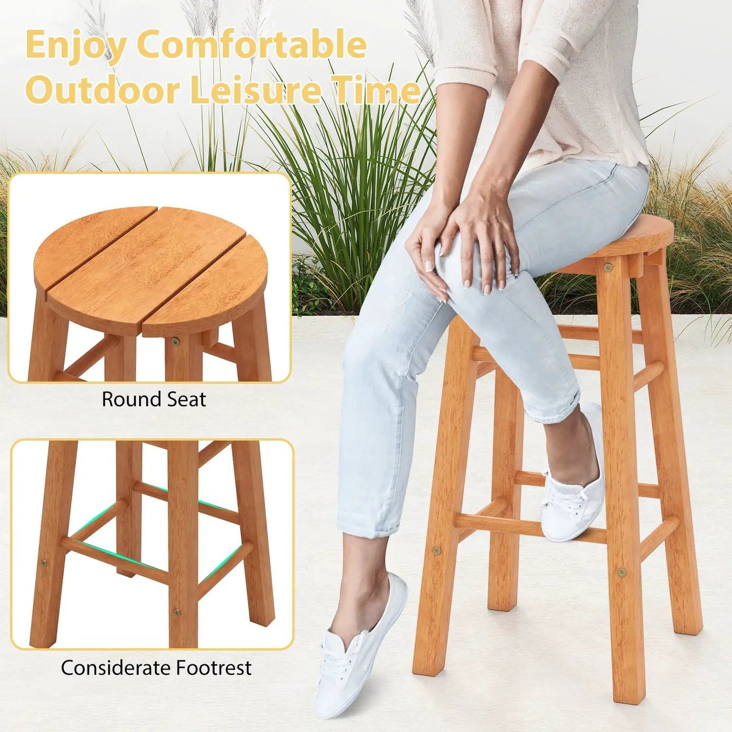 24-Inch Outdoor Wood Bar Stools Set of 2 with Round Seat and Footrest - Tampa Home & Garden Store