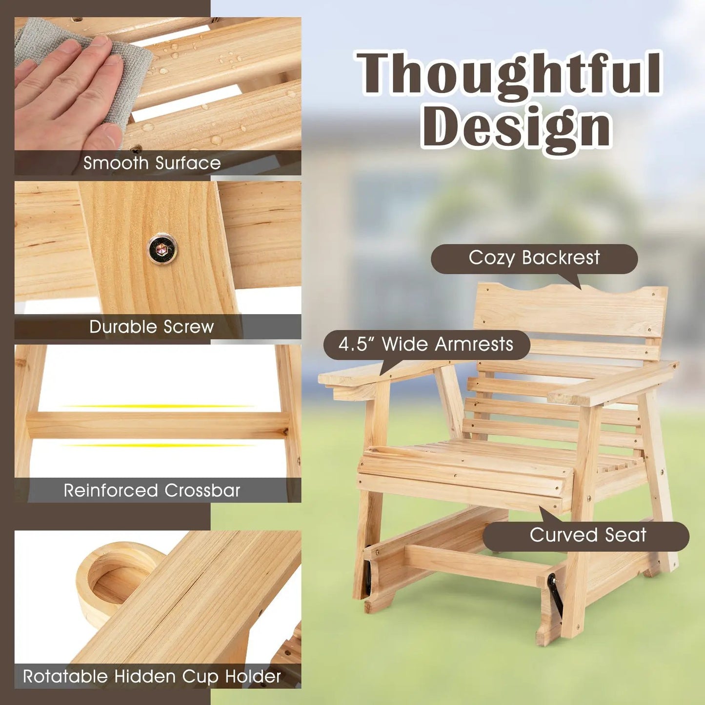 Outdoor Wood Rocking Chair with High Back by DirectDeals cozy backrest and 4.5in armrests on Tampa Home & Garden Store