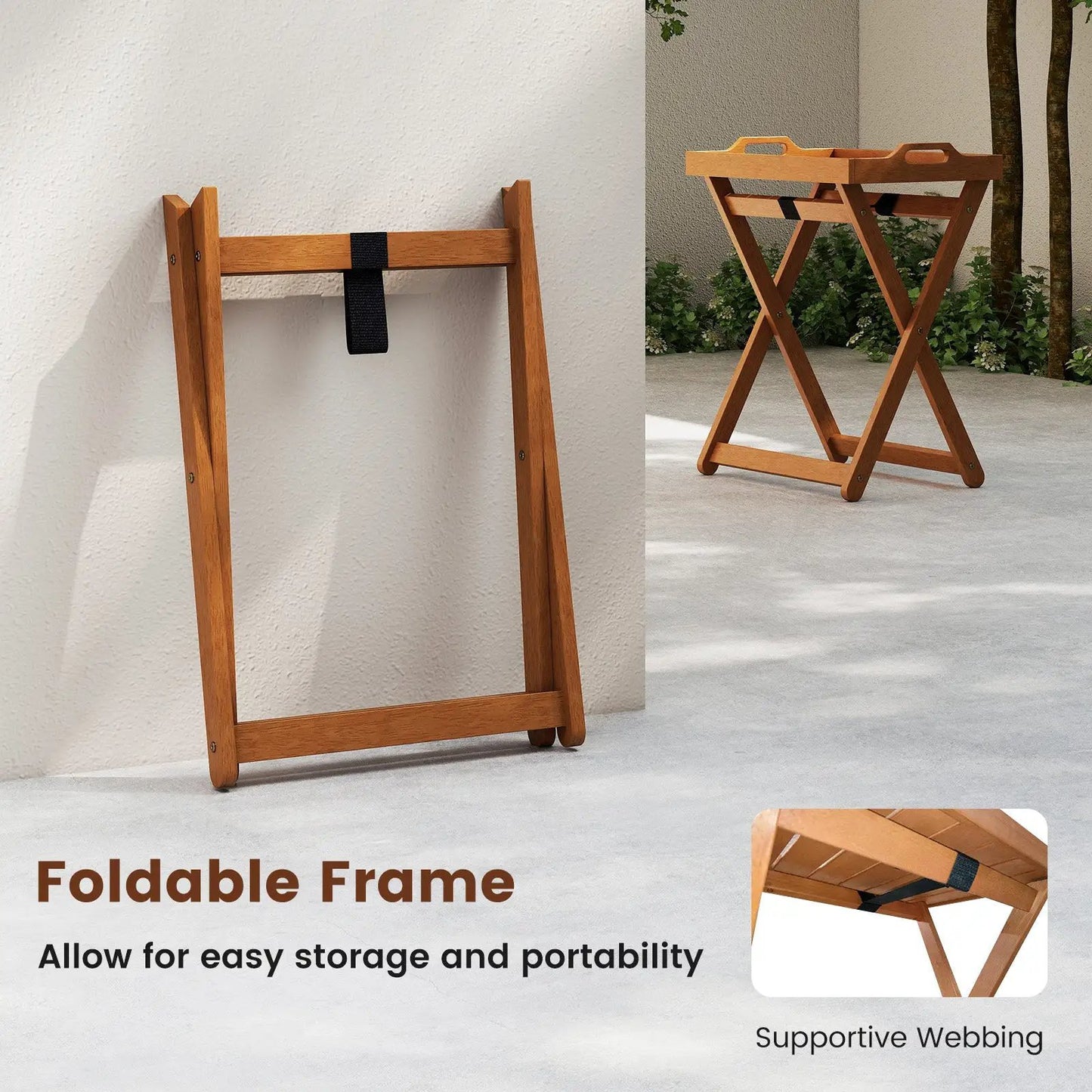Outdoor Wood Tray Table with folding frame in natural finish by DirectDeals on Tampa Home & Garden Store