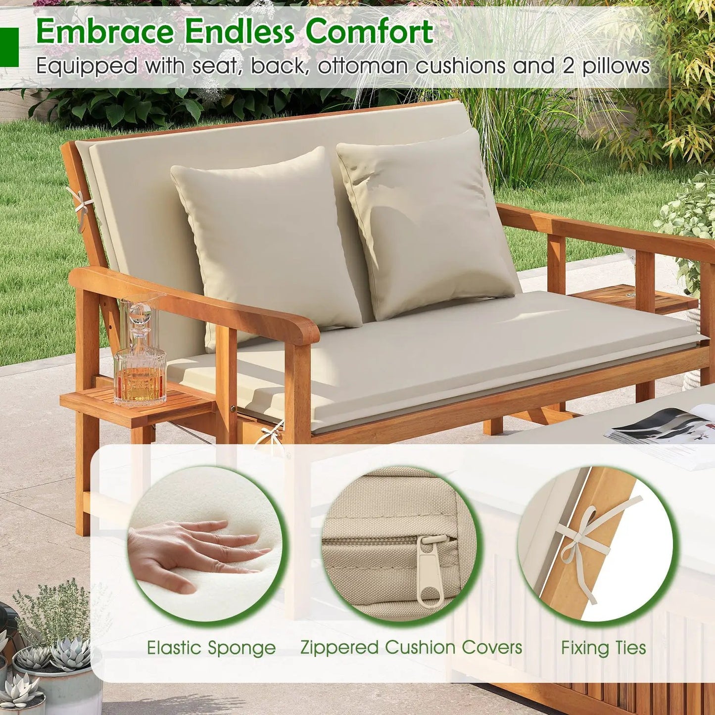 Outdoor wooden daybed from DirectDeals with white cushions and 4-level backrest for patio on Tampa Home & Garden Store