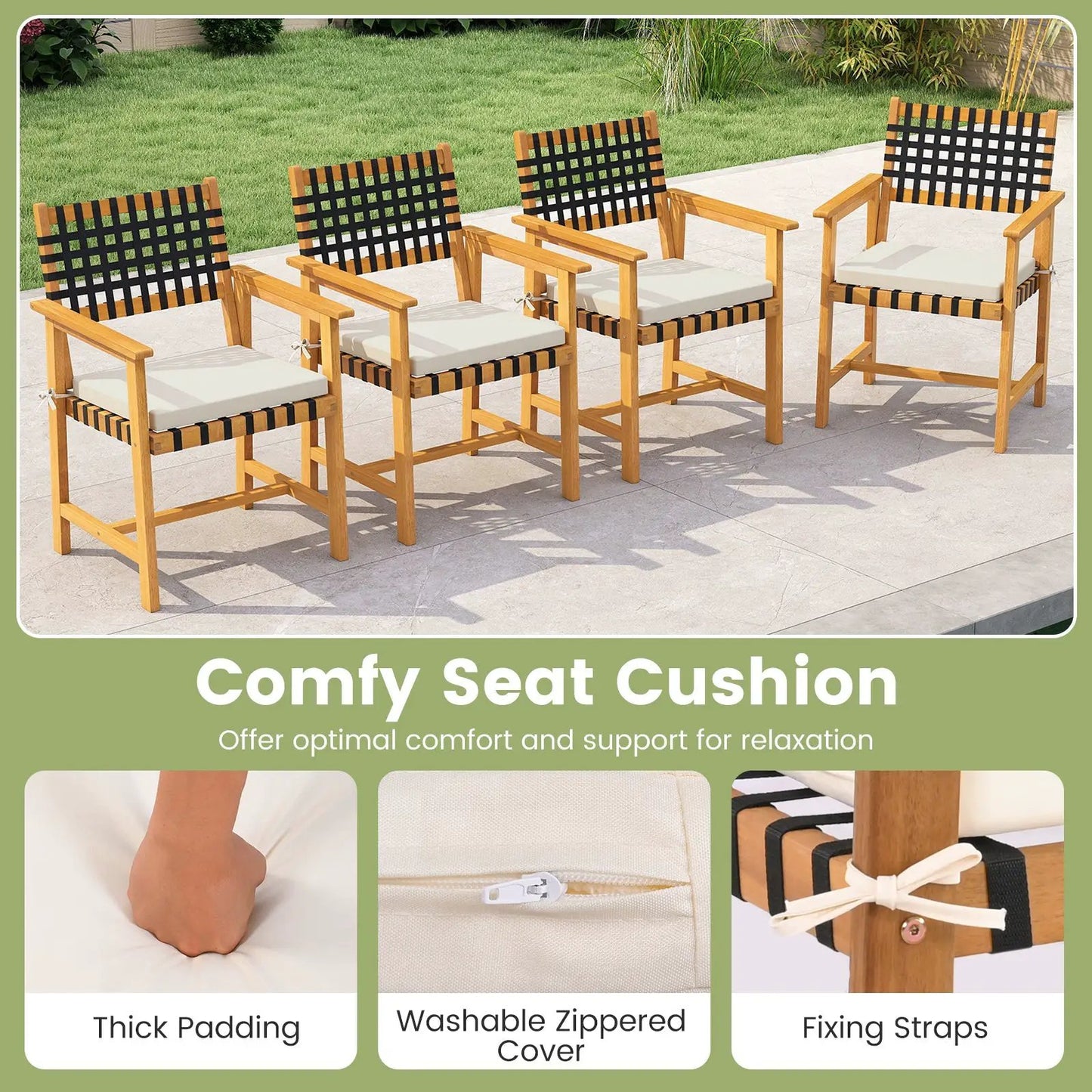 Outdoor wooden dining chairs with black woven backs, armrests, and light cushions on Tampa Home & Garden Store