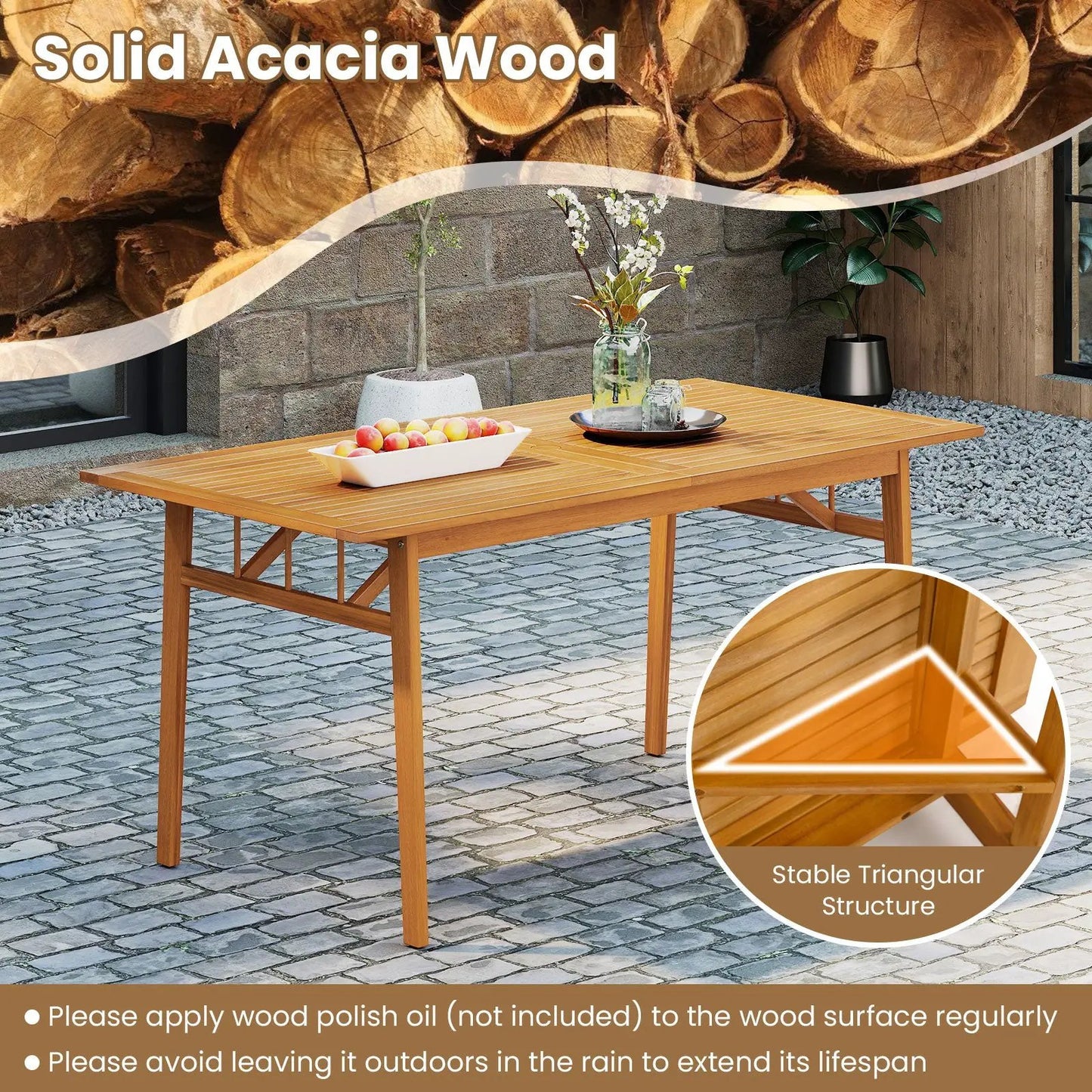 Outdoor Wooden Dining Table with Umbrella Hole, natural acacia wood, DirectDeals on Tampa Home & Garden Store