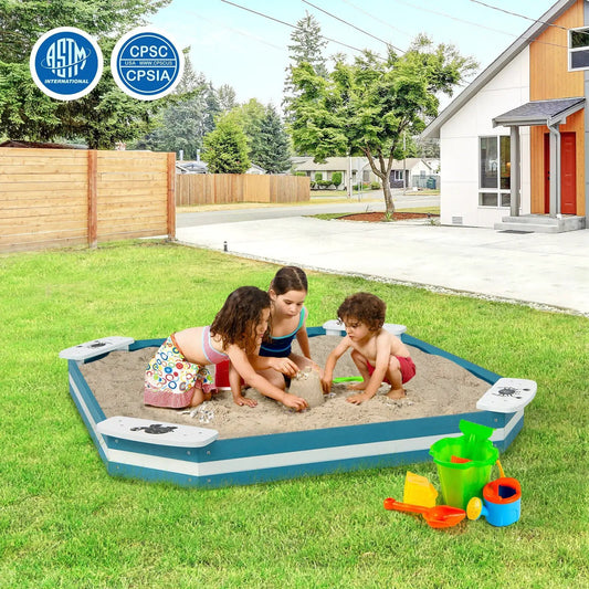 Outdoor solid wood sandbox with 4 built-in animal seats, blue and white, kids playing on Tampa Home & Garden Store
