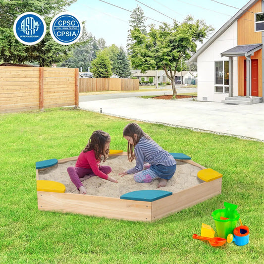 Outdoor solid wood sandbox with 6 built-in seats and colorful corner pads on Tampa Home & Garden Store