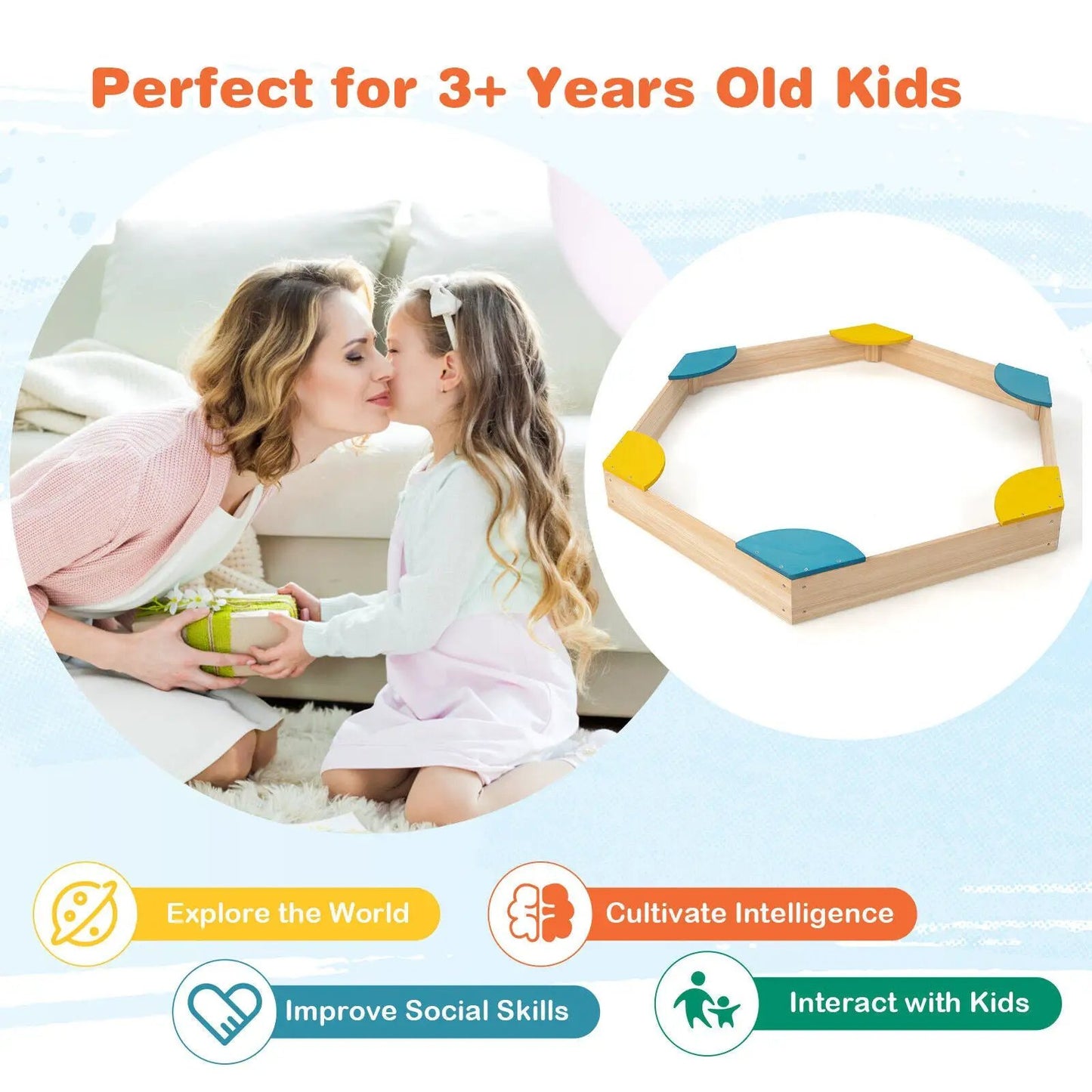 Outdoor solid wood sandbox with 6 built-in seats, blue and yellow color accents on Tampa Home & Garden Store
