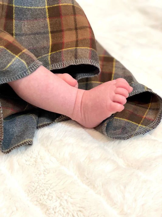Outlander tartan flannel baby swaddle set by Thistle & Stitch, brown-green plaid on Tampa Home & Garden Store