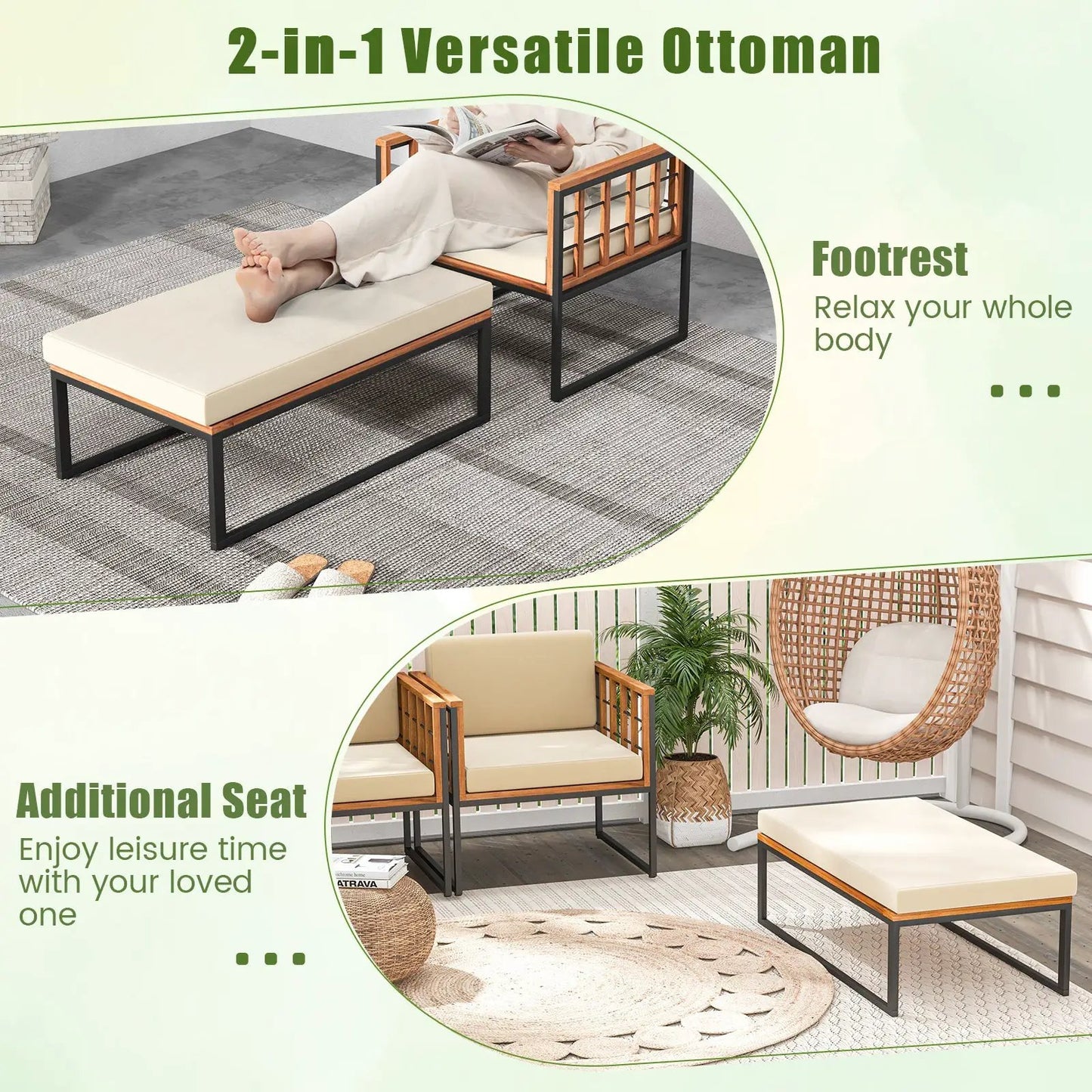 Acacia wood patio armchair with ottoman, beige cushions, black metal frame DirectDeals on Tampa Home & Garden Store