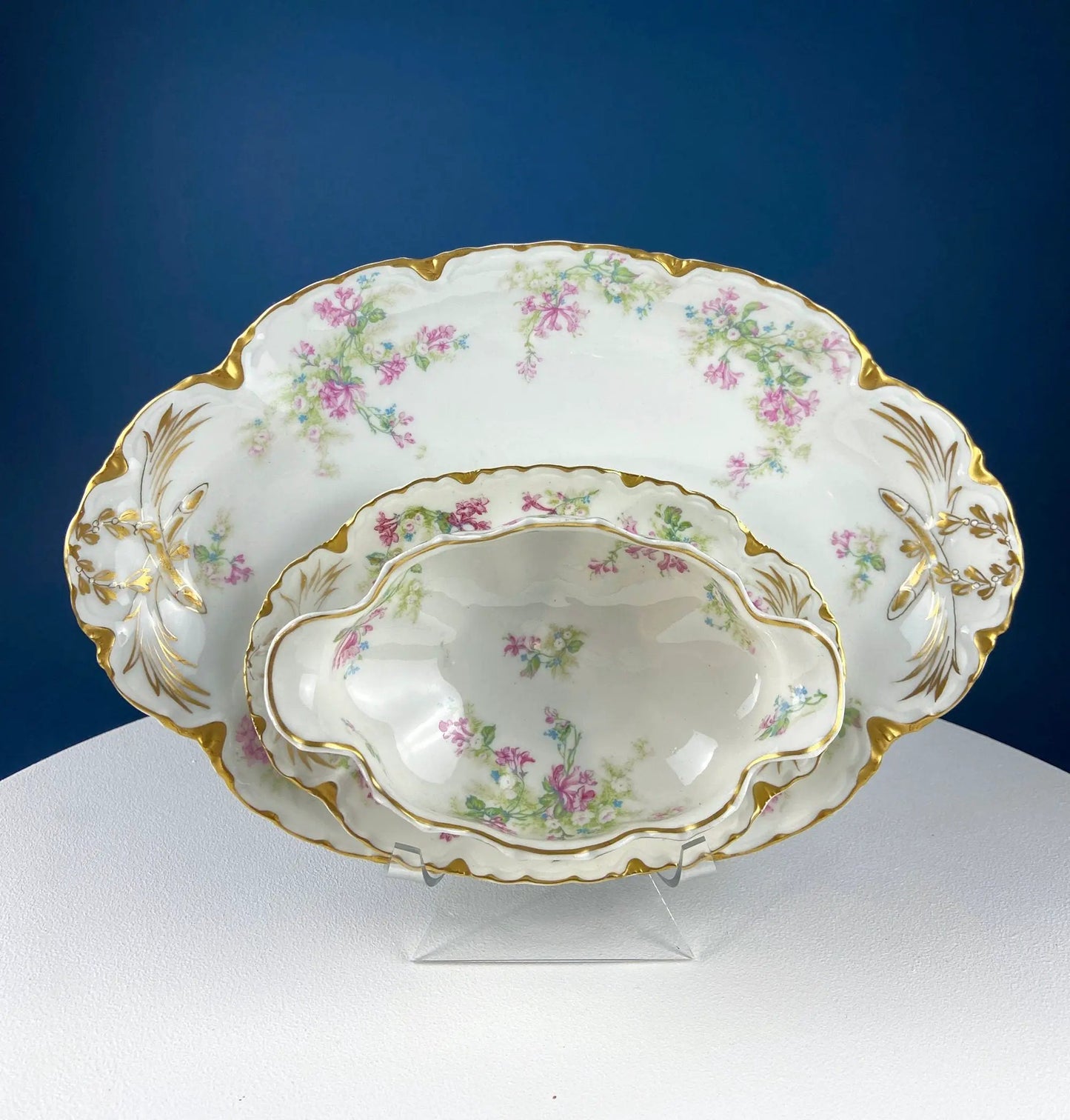 Oval Haviland Limoges porcelain serving platters trio with scalloped gold edges and floral pattern on Tampa Home & Garden Store