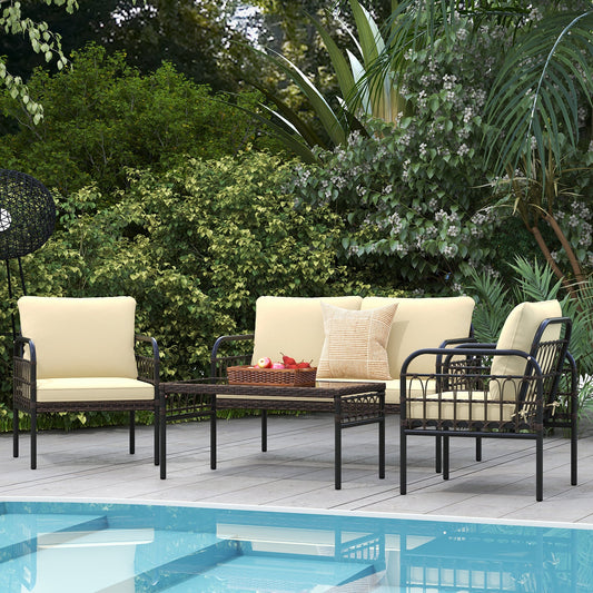 4 Pieces Outdoor Wicker Conversation Bistro Set with Soft Cushions and Tempered Glass Coffee Table-Beige - Tampa Home & Garden Store