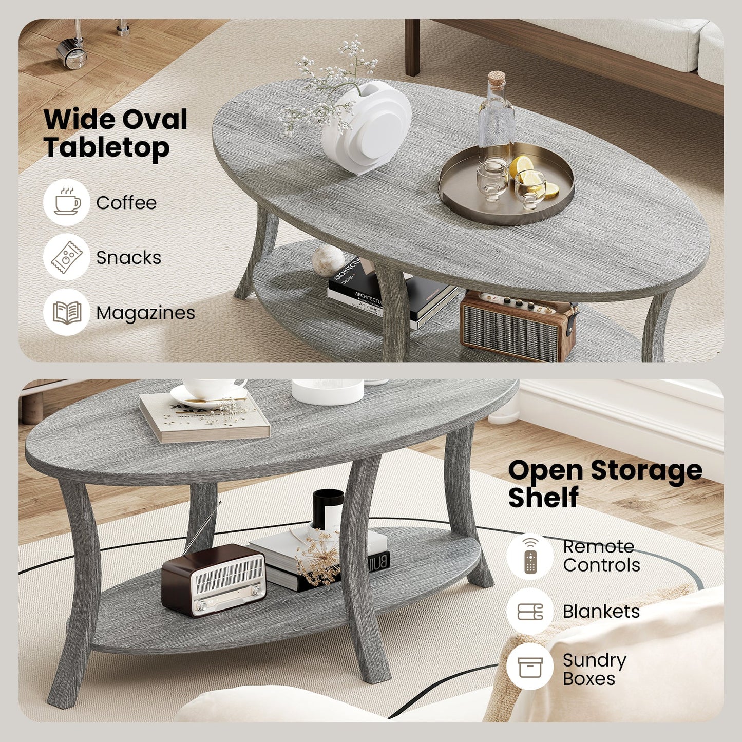 Oval gray wood coffee table with open lower storage shelf DirectDeals on Tampa Home & Garden Store