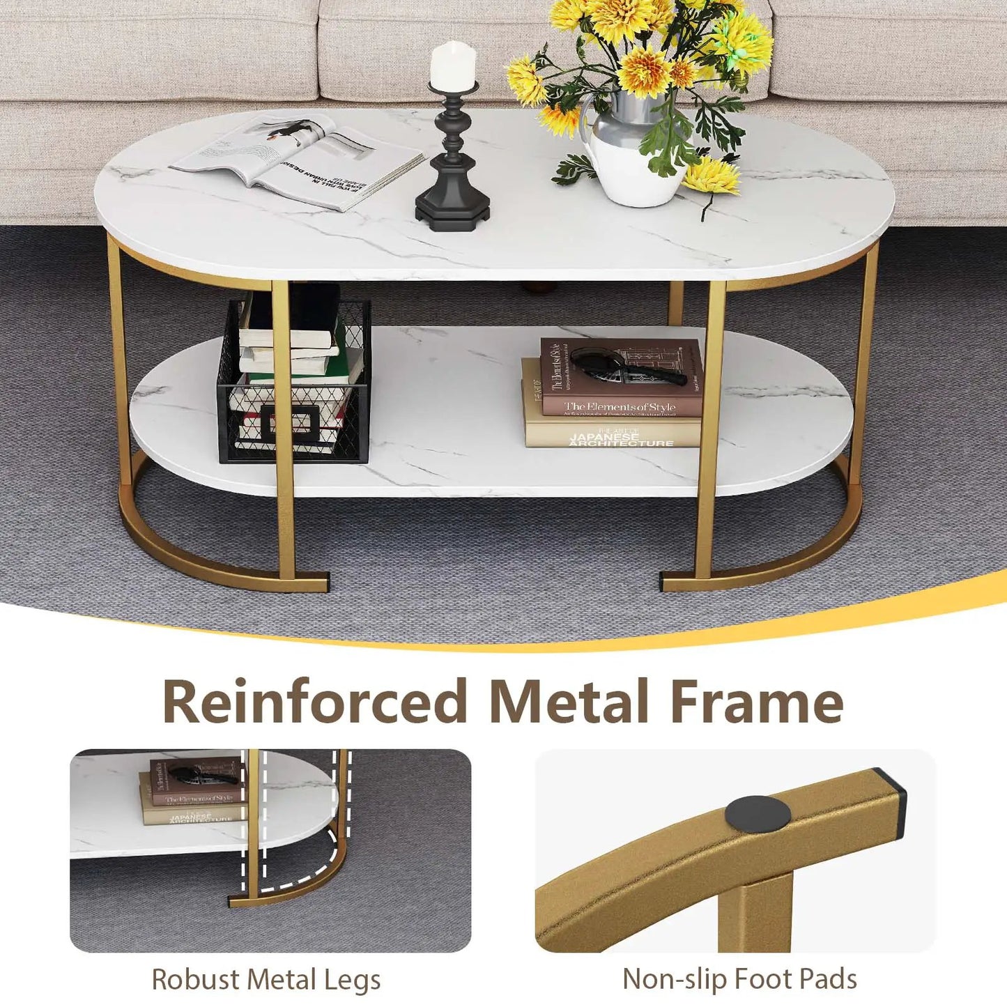 Oval coffee table with white marble top and two-tier storage on gold metal frame on Tampa Home & Garden Store