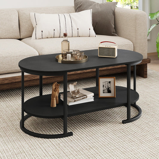 Oval Coffee Table 2-Tier Wooden Accent Table with Spacious Tabletop and Open Storage Shelf - Tampa Home & Garden Store