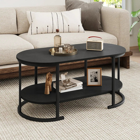 Oval wooden coffee table with two-tier storage, black finish, DirectDeals on Tampa Home & Garden Store