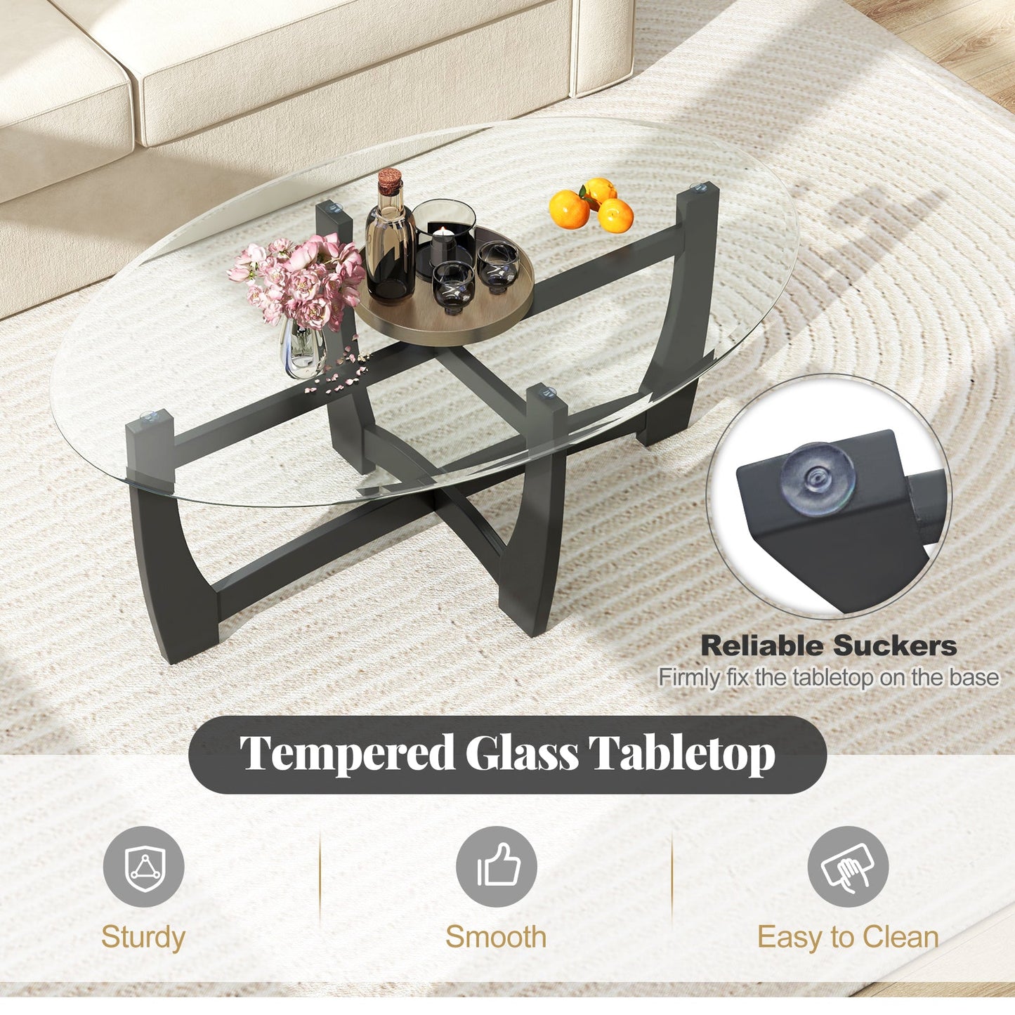 Mesa de centro ovalada con tablero de cristal templado y patas de madera de caucho-Negro