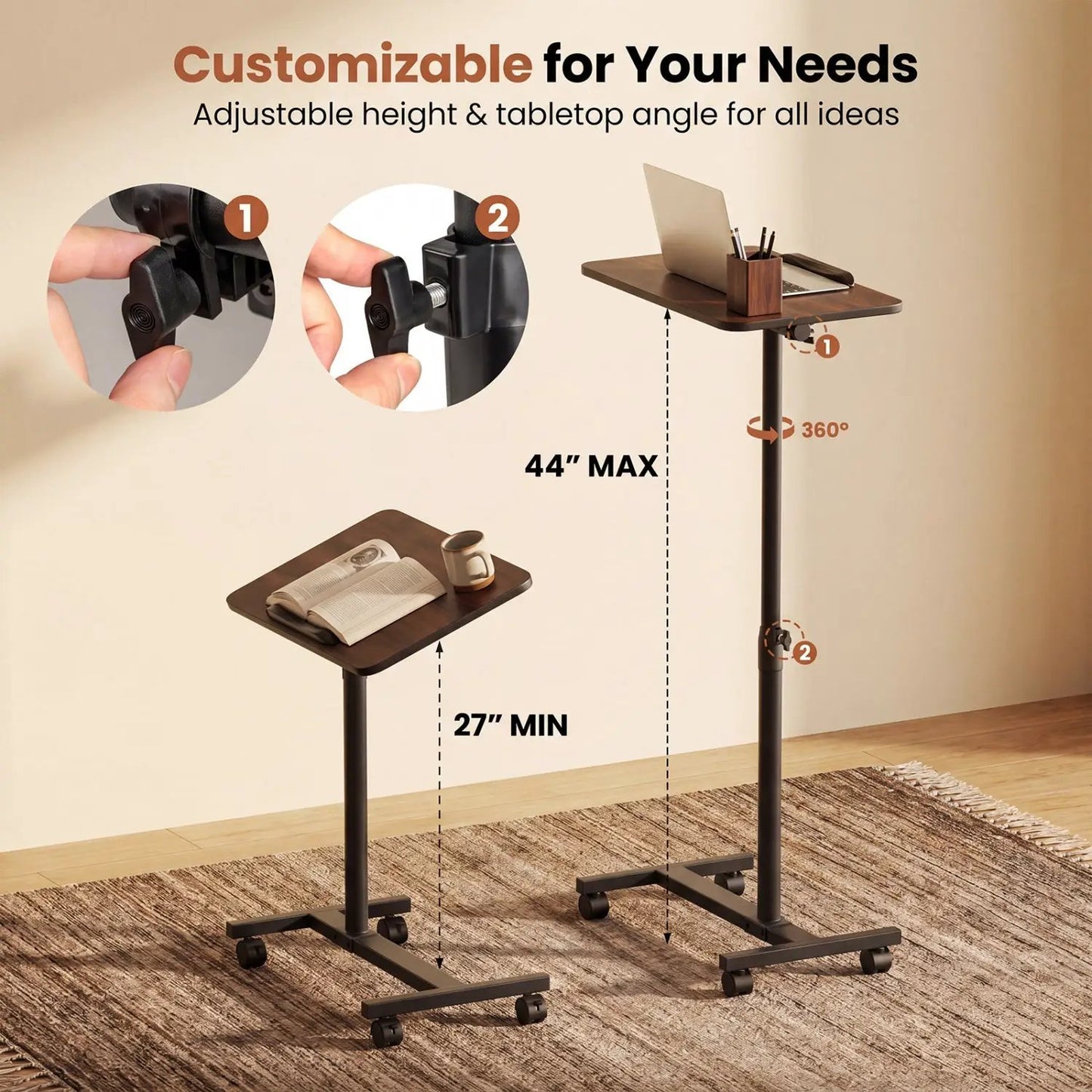Adjustable Overbed Table with Wheels Walnut
