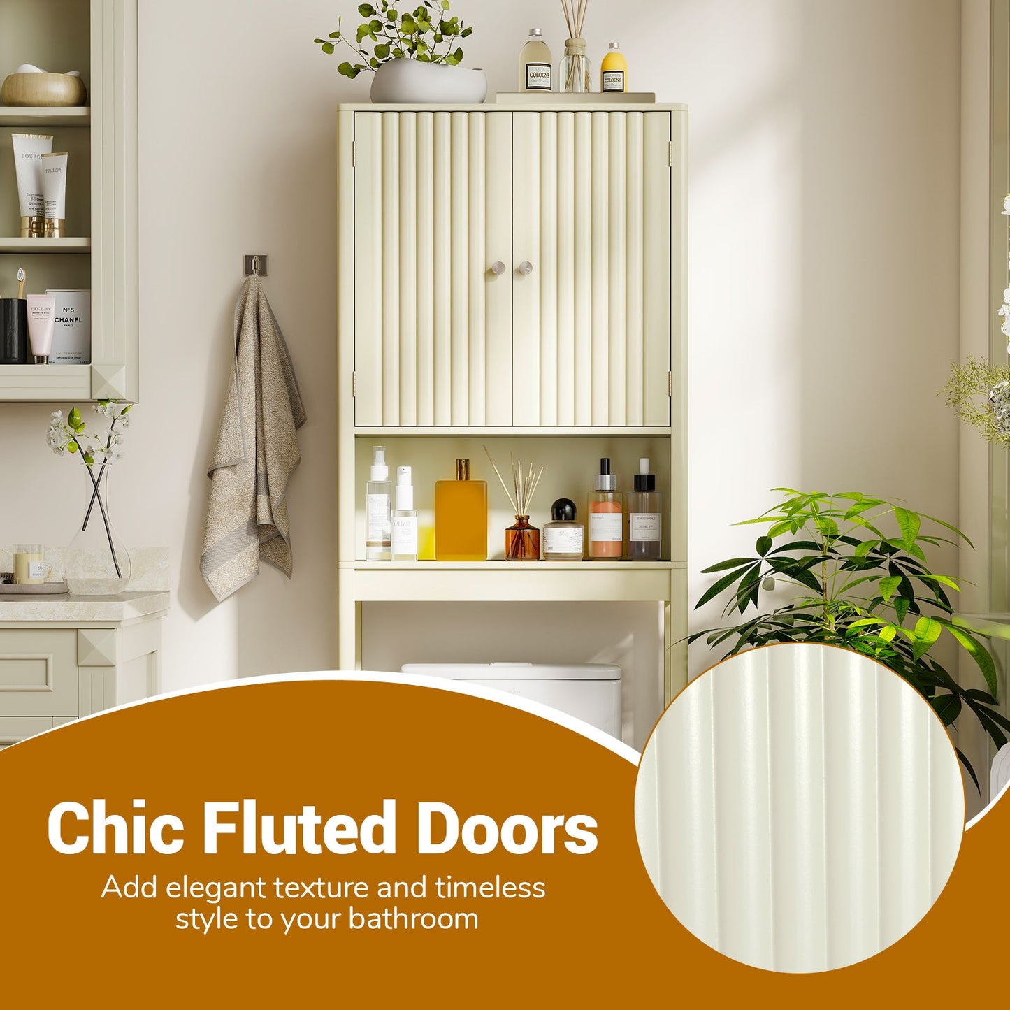 Over-the-Toilet Storage Cabinet With Fluted Doors cream finish, open lower shelf on Tampa Home & Garden Store