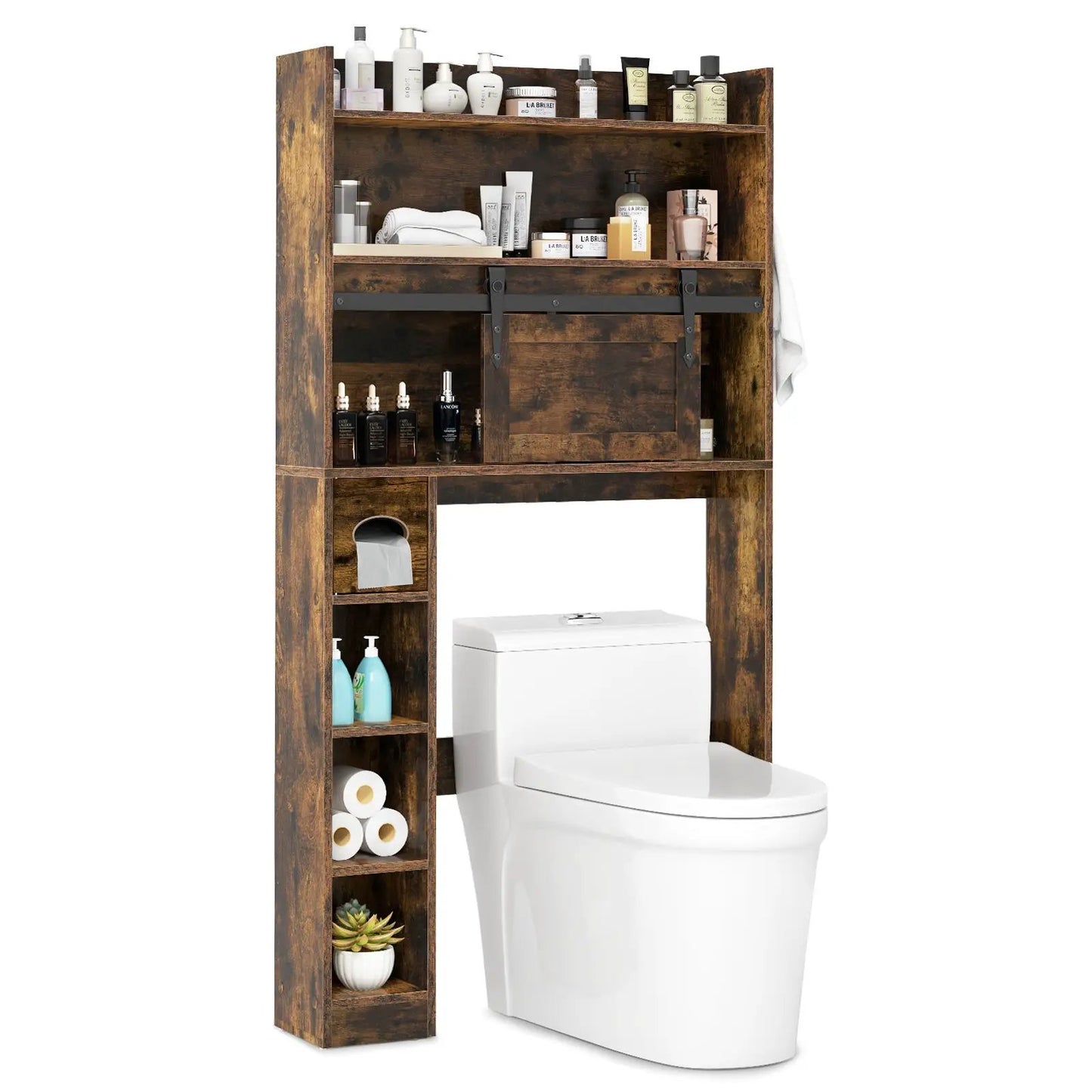 Toilet storage cabinet with sliding barn door in rustic dark wood over toilet on Tampa Home & Garden Store