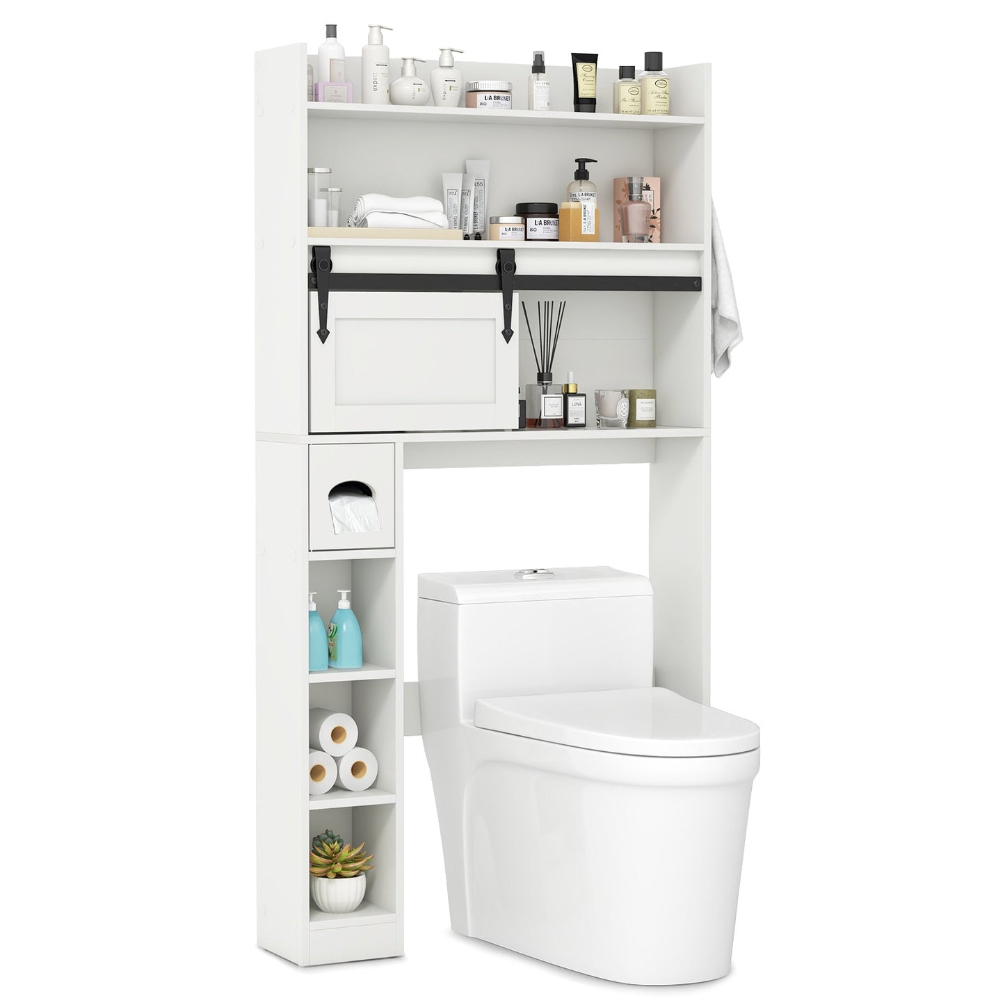 Mueble de almacenamiento sobre inodoro con puerta corredera de granero y estantes ajustables - Gris