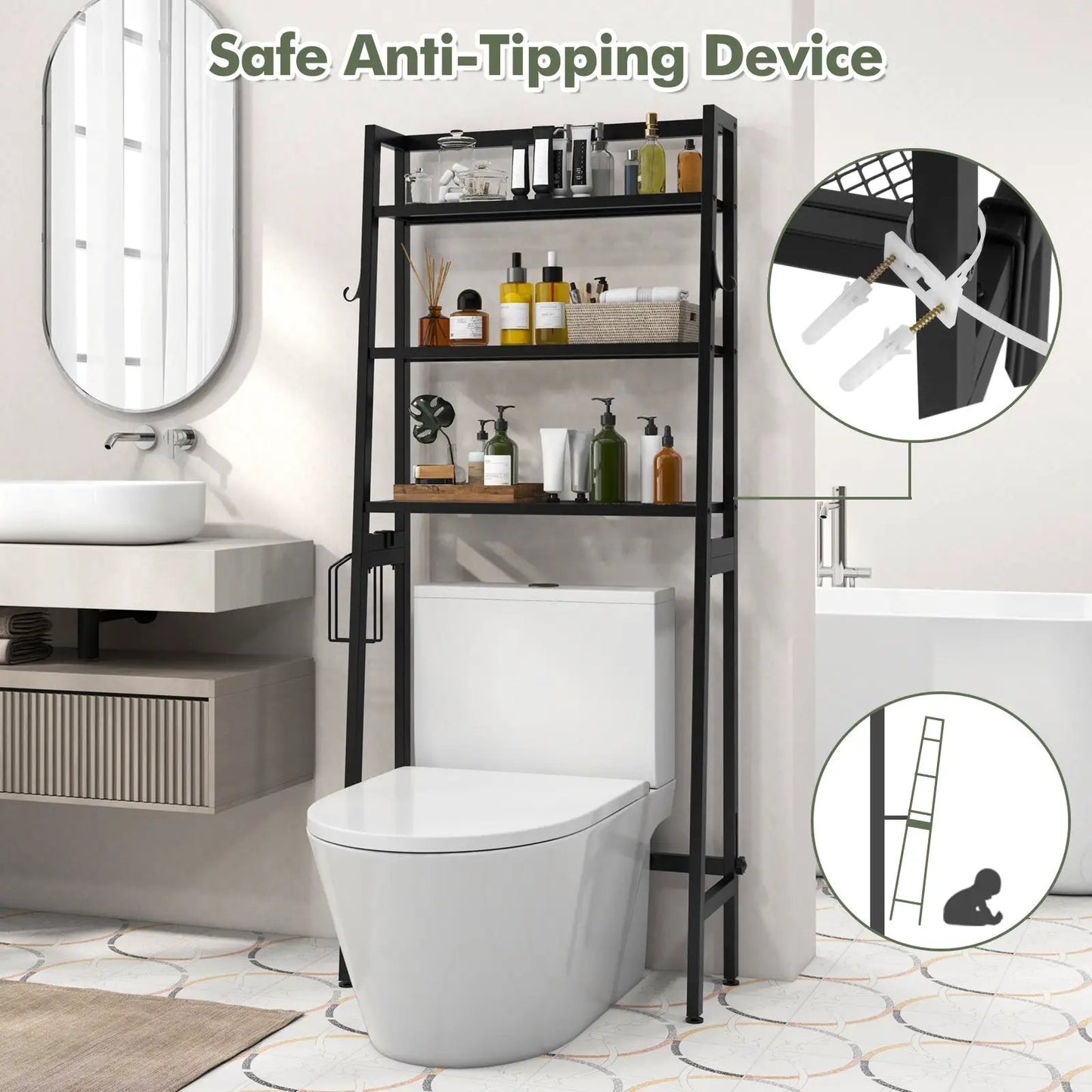 3-Tier Over The Toilet Storage Shelf with Adjustable Bottom Bar-Black - Tampa Home & Garden Store