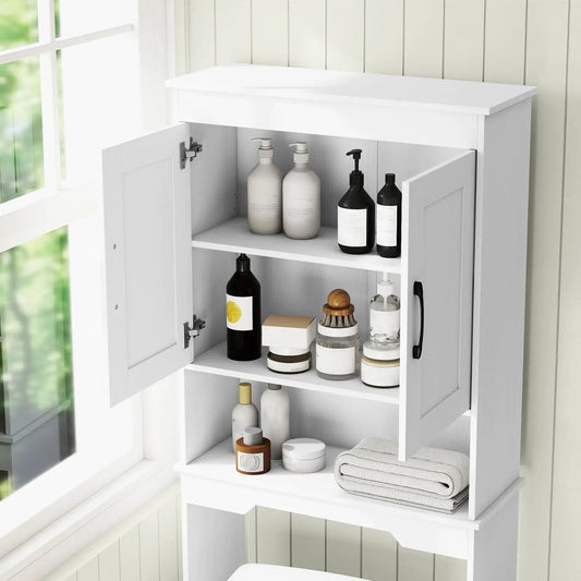 Over Toilet Space Saver Bathroom Organizer white finish with cabinet shelves holding bottles on Tampa Home & Garden Store