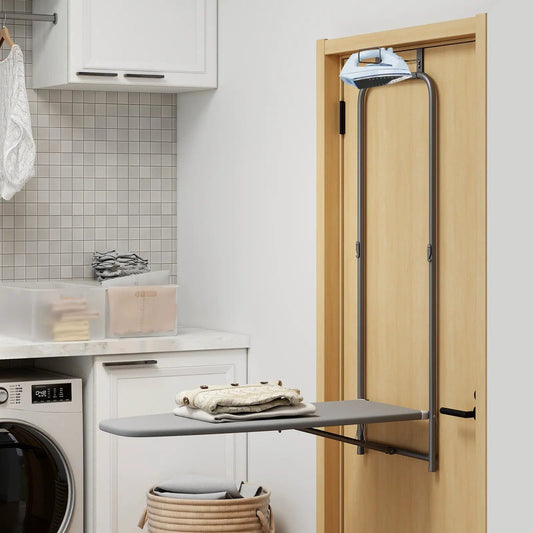 DirectDeals gray over-the-door ironing board with iron mounted on a door in a laundry room on Tampa Home & Garden Store