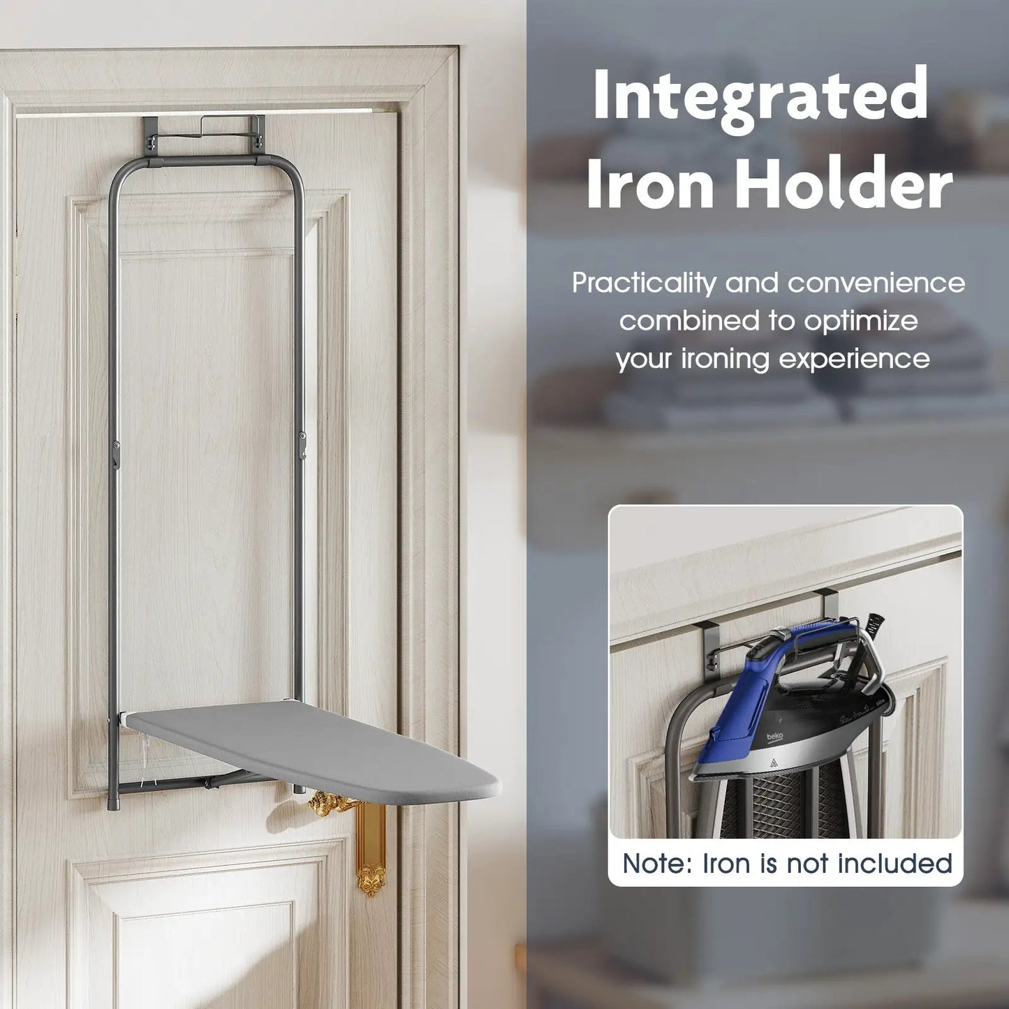 Over-the-door ironing board with integrated iron holder; space-saving metal frame not included on Tampa Home & Garden Store