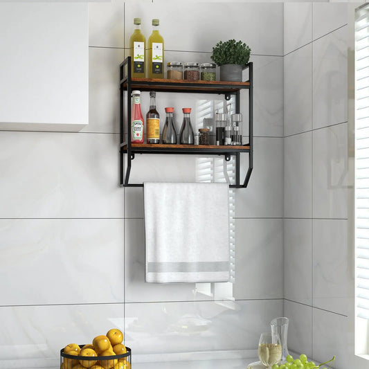 Over-the-Toilet Shelf with Black Metal Frame and Wood Shelves two-tier bath organizer with plant on Tampa Home & Garden Store