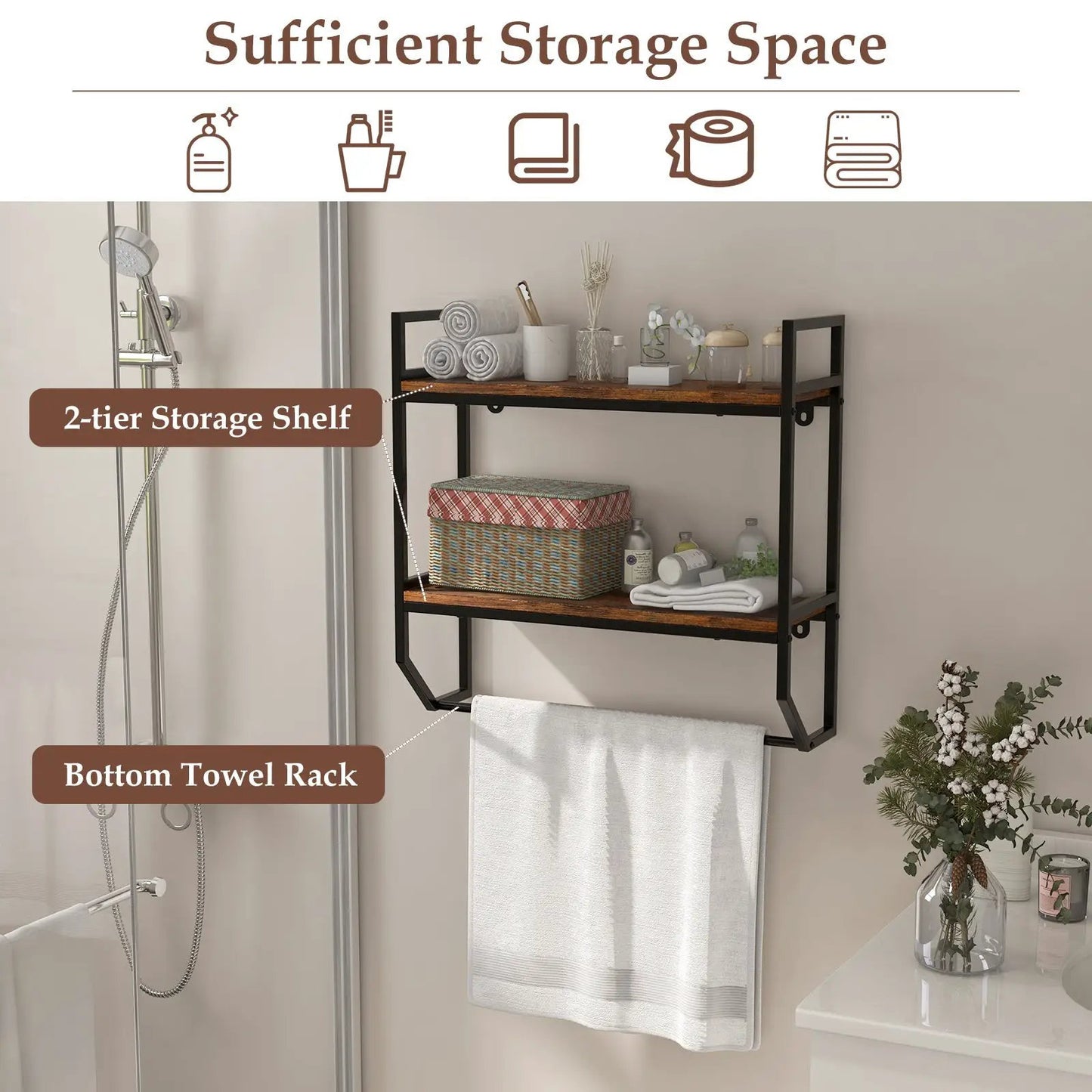 Over the Toilet Shelf Wall Mounted with Metal Frame for Bathroom - Tampa Home & Garden Store