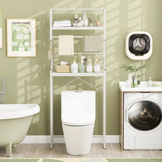Over-the-Toilet 3-Tier Storage Rack in white metal with towel bar and bath bottles DirectDeals on Tampa Home & Garden Store