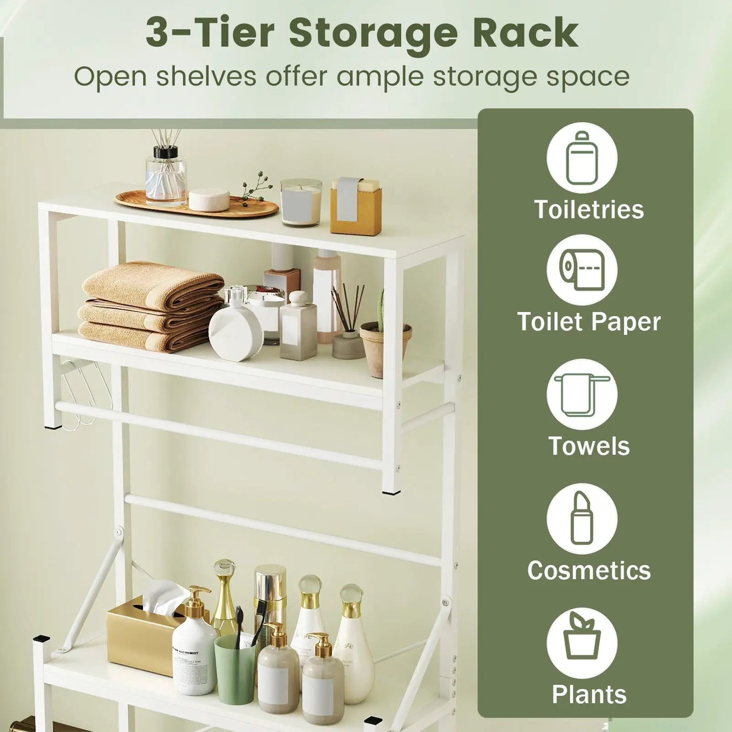 Over-the-toilet 3-tier white metal storage rack, bathroom organizer for towels and toiletries on Tampa Home & Garden Store