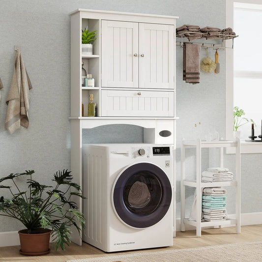 Over Toilet Cabinet with Adjustable Shelf and Bar, white DirectDeals unit with shelves above washer on Tampa Home & Garden Store