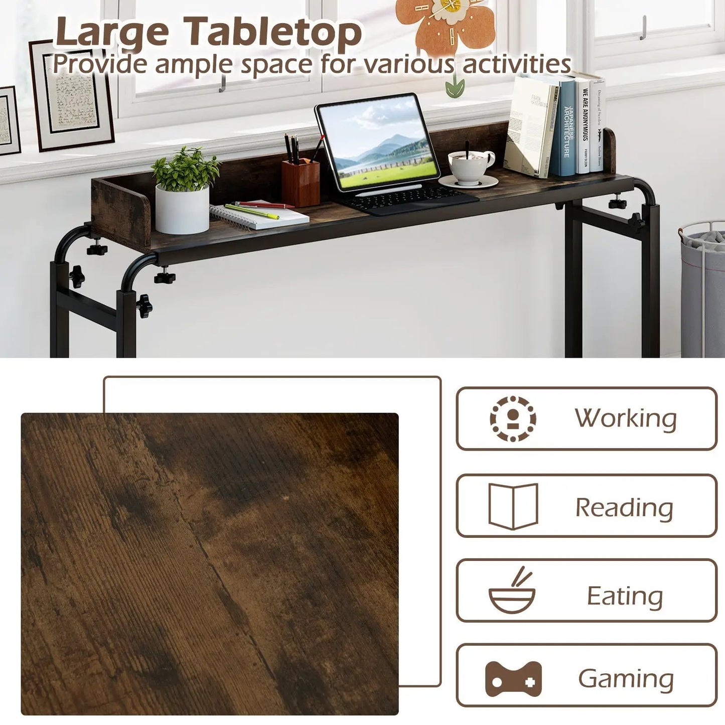 Overbed desk with wheels for queen beds, brown wood top, black metal frame DirectDeals on Tampa Home & Garden Store