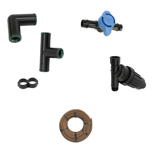 Overhead irrigation kit Bootstrap Farmer for hoop houses with black PVC fittings and blue valve on Tampa Home & Garden Store