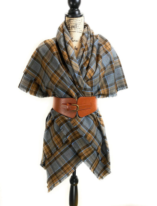 Outlander MacKenzie inspired scarf, oversized gray brown blue plaid blanket wrap on Tampa Home & Garden Store