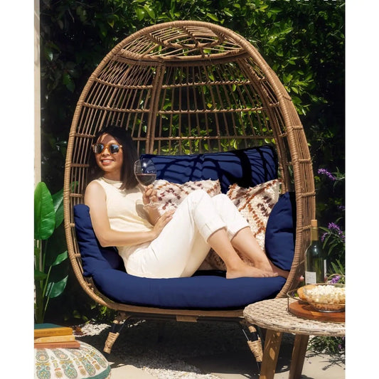 Oversized Patio Lounger Indoor/Outdoor Wicker Rattan Egg Chair Dark Blue - Tampa Home & Garden Store