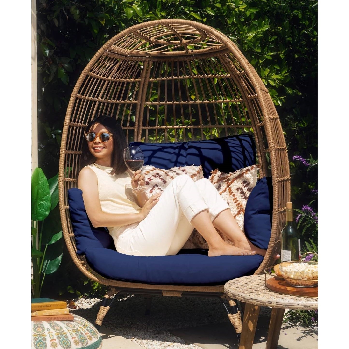 Oversized Patio Lounger Indoor/Outdoor Wicker Rattan Egg Chair Dark Blue - Tampa Home & Garden Store