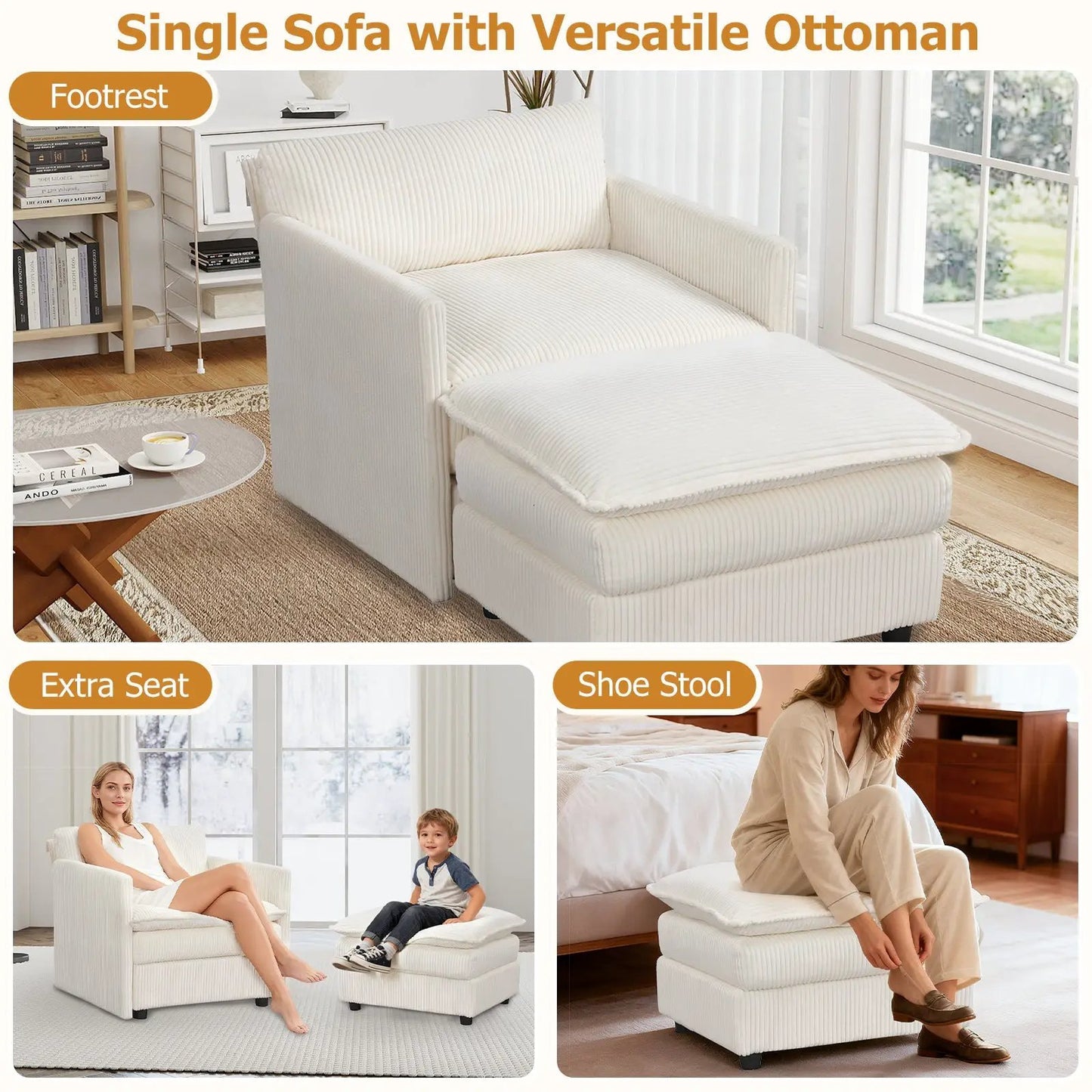Oversized chair with ottoman beige corduroy cushions DirectDeals armchair on Tampa Home & Garden Store