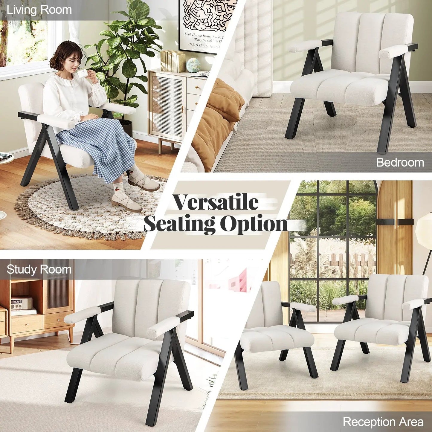 Oversized Accent Chair with Metal Frame in white upholstery and black legs, shown in living room on Tampa Home & Garden Store