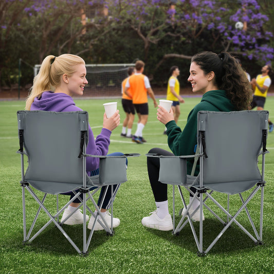 GemGear oversized camping chair gray with cooler pouch and cup holder, friends on a grass field on Tampa Home & Garden Store