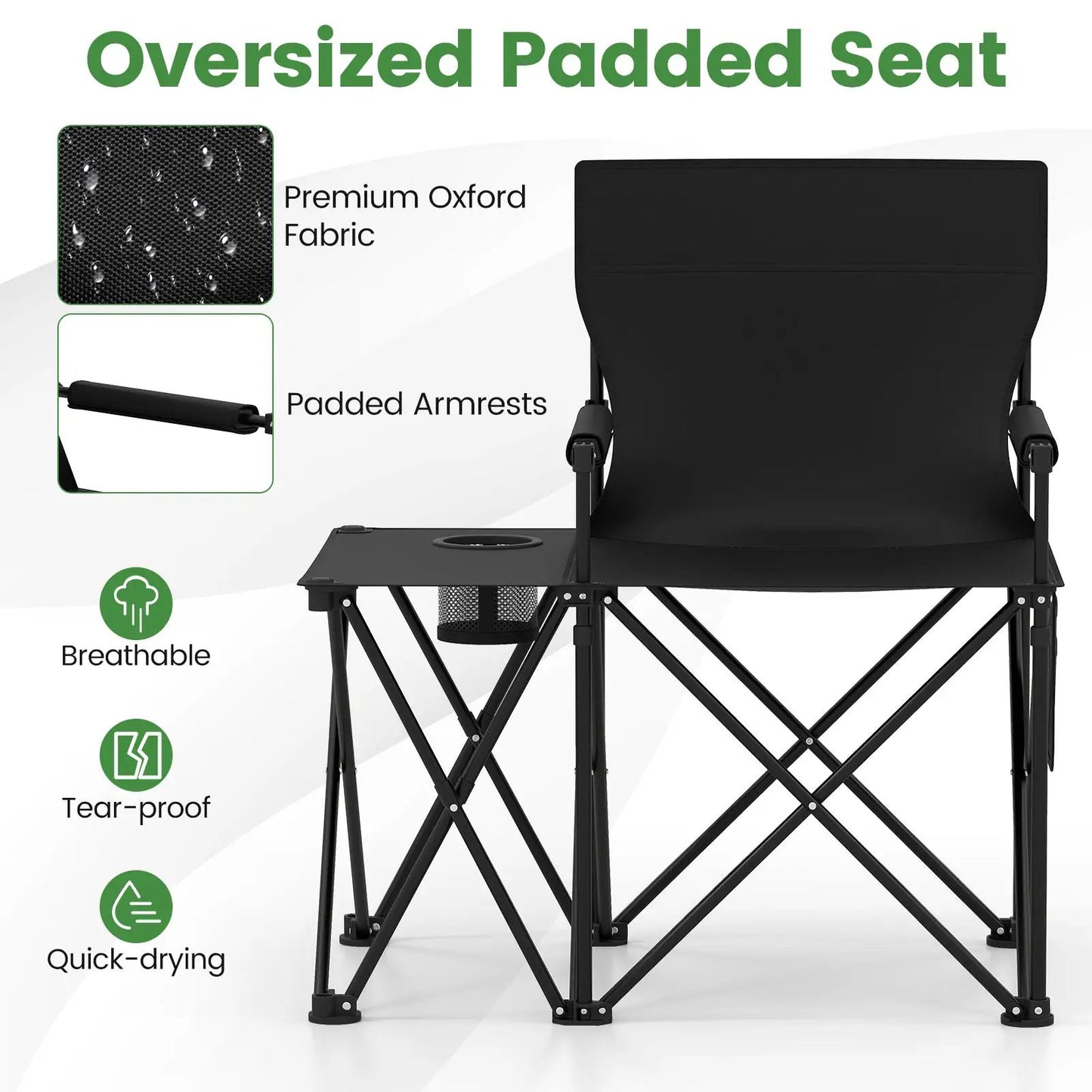 Oversized Camp Chair with Side Table and Pockets in black Oxford fabric and padded armrests on Tampa Home & Garden Store