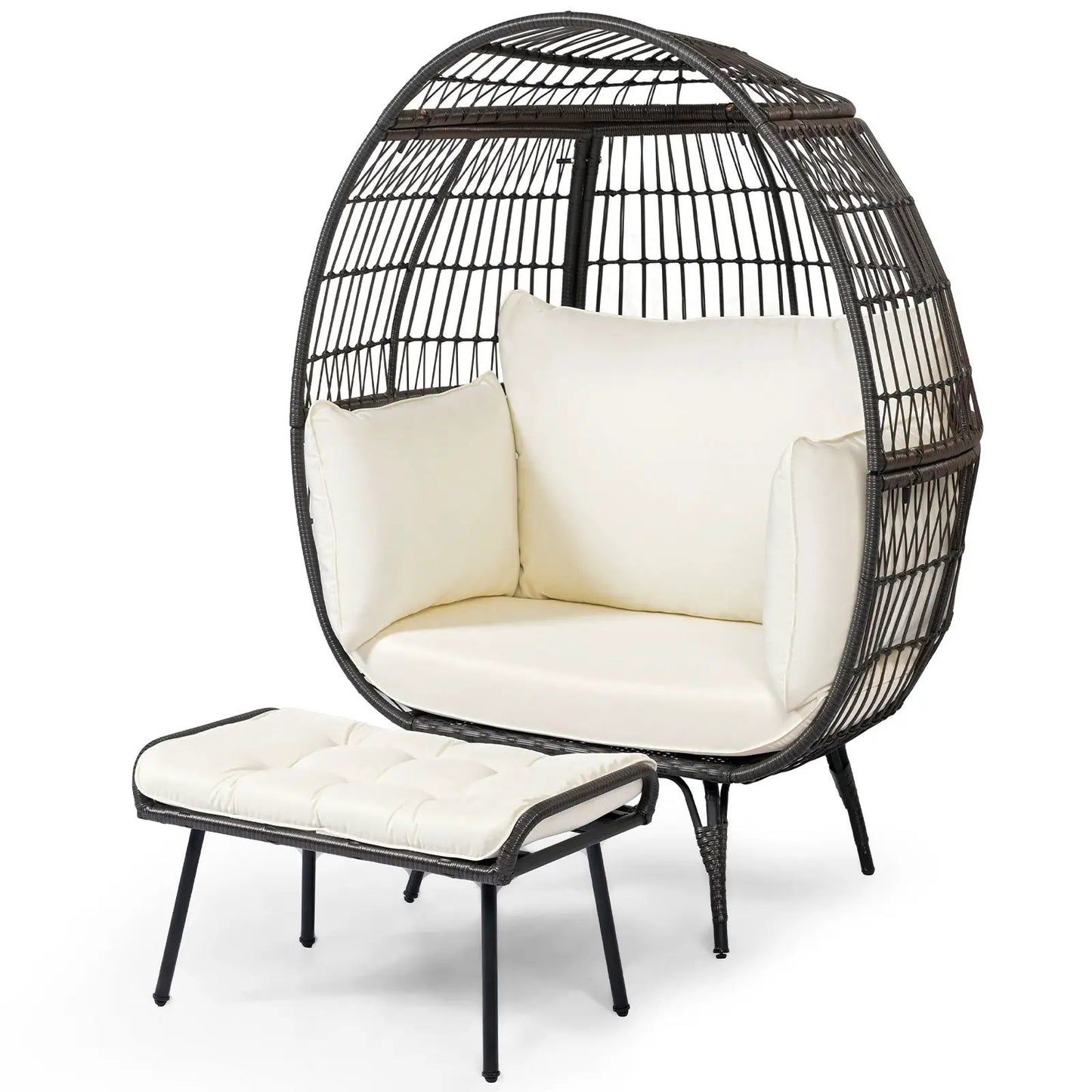 Oversized Patio Egg Lounge Chair with beige cushions in dark wicker by DirectDeals on Tampa Home & Garden Store