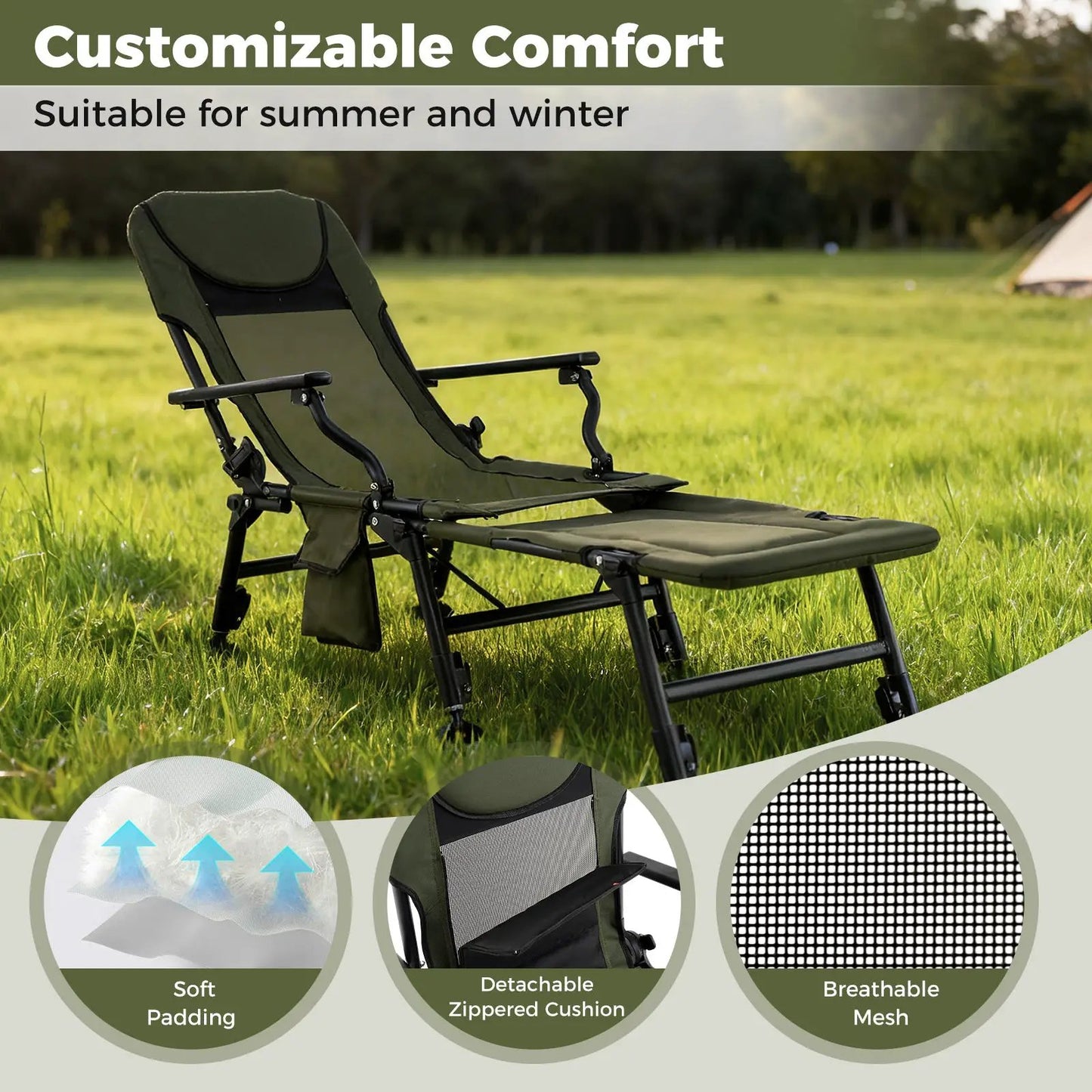 Oversized Foldable Fishing Chair with Footrest in olive green fabric DirectDeals on Tampa Home & Garden Store